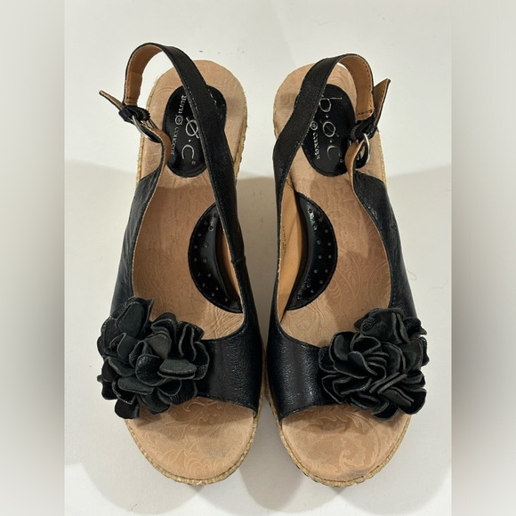 Born BOC Black Leather Floral Peep Toe Slingback Woven Wedge Heel Sandals 8 - Picture 3 of 8